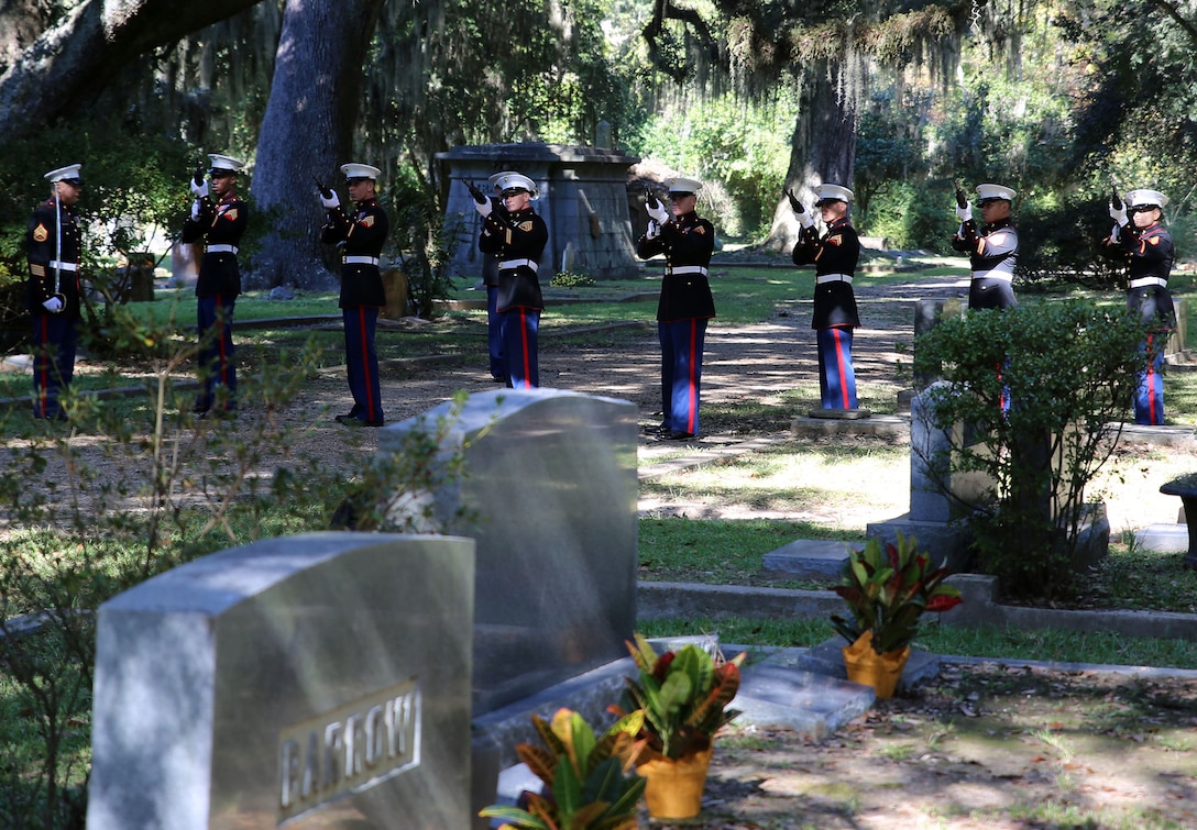 A rifle team of Marines from Truck Company, 23rd Marine Regiment, 4th Marine Division, perform a 21-gun salute at the gravesite of Gen. Robert H. Barrow, 27th Commandant of the Marine Corps, during a wreath-laying ceremony at Grace Church of West Feliciana Cemetery in St. Francisville, La., Nov. 10, 2014.  The Marine Forces Reserve Commander, Lt. Gen. Richard P. Mills, laid a wreath on the late commandant's grave in remembrance of his 41 years of service to the Marine Corps and the country. (U.S. Marine Corps Photo by GySgt. Katesha Washington/Released)