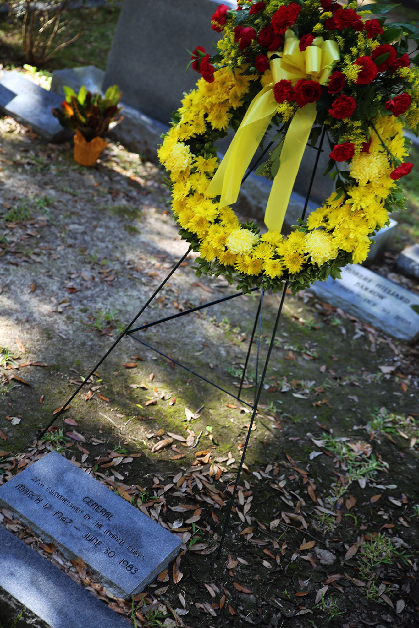 A wreath is placed on the gravesite of Gen. Robert H. Barrow, 27th Commandant of the Marine Corps, during a ceremony held at the Grace Episcopal Church of West Feliciana in St. Francisville, La., Nov. 10, 2014.  Every year, Marines lay wreaths on the graves of former commandants and sergeants major of the Marine Corps in remembrance of their service to the Marine Corps and the country. (U.S. Marine Corps Photo by GySgt. Katesha Washington/Released)