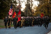 The Chemical Biological Incident Response Force ran to the city of Indian Head to commemorate the 239th birthday of the United States Marine Corps on Friday, November 17. The Marines and Sailors continued their celebration with a cake cutting ceremony following the three-mile run and a birthday luncheon aboard Naval Support Facility Indian Head. 