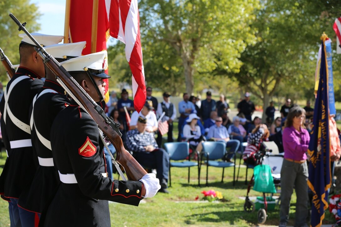 On November 11, hundreds of High Desert citizens, veterans and their families gathered for a Veteran’s Day observance at the Mountain View Memorial Park in Barstow. During the event, Maj. Gen. Theodore D. Martin, commanding general of the National Training Center at Fort Irwin, Barstow Mayor Julie Hackbarth-McIntyre, Col. Michael L. Scalise, commanding officer of Marine Corps Logistics Base Barstow, and Col. Jonathan P. Braga, commanding officer of NTC Army Garrison, gave their remarks about Veteran’s Day. The color guard from MCLB Barstow presented colors to open the ceremony. Following the ceremony, the crowd and the color guard visited the Veterans Home of California in Barstow for another observance and a lunch with fellow veterans. 