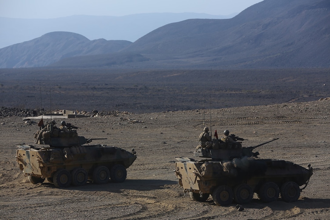 U.S. Marine Corps LAV-25 light armored vehicles from Charlie Company, 1st Light Armored Reconnaissance detachment, Battalion Landing Team 2nd Battalion, 1st Marines, 11th Marine Expeditionary Unit (MEU), wait to begin a live-fire and movement exercise during sustainment training in D'Arta Plage, Djibouti, Nov. 3. The 11th MEU is deployed as a theater reserve and crisis response force throughout U.S. Central Command and 5th Fleet area of responsibility. (U.S. Marine Corps photo by Cpl. Jonathan R. Waldman/Released)