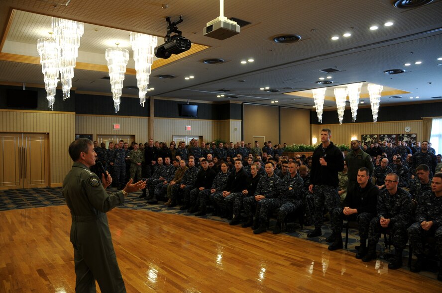 Adm. Harry B. Harris Jr., commander of U.S. Pacific Fleet, speaks to Sailors during an all-hands call at the base officers' club on Misawa Air Base, Japan, Nov. 7, 2014. (U.S. Navy photo by Senior Chief Mass Communication Specialist Ryan C. Delcore) 
 
