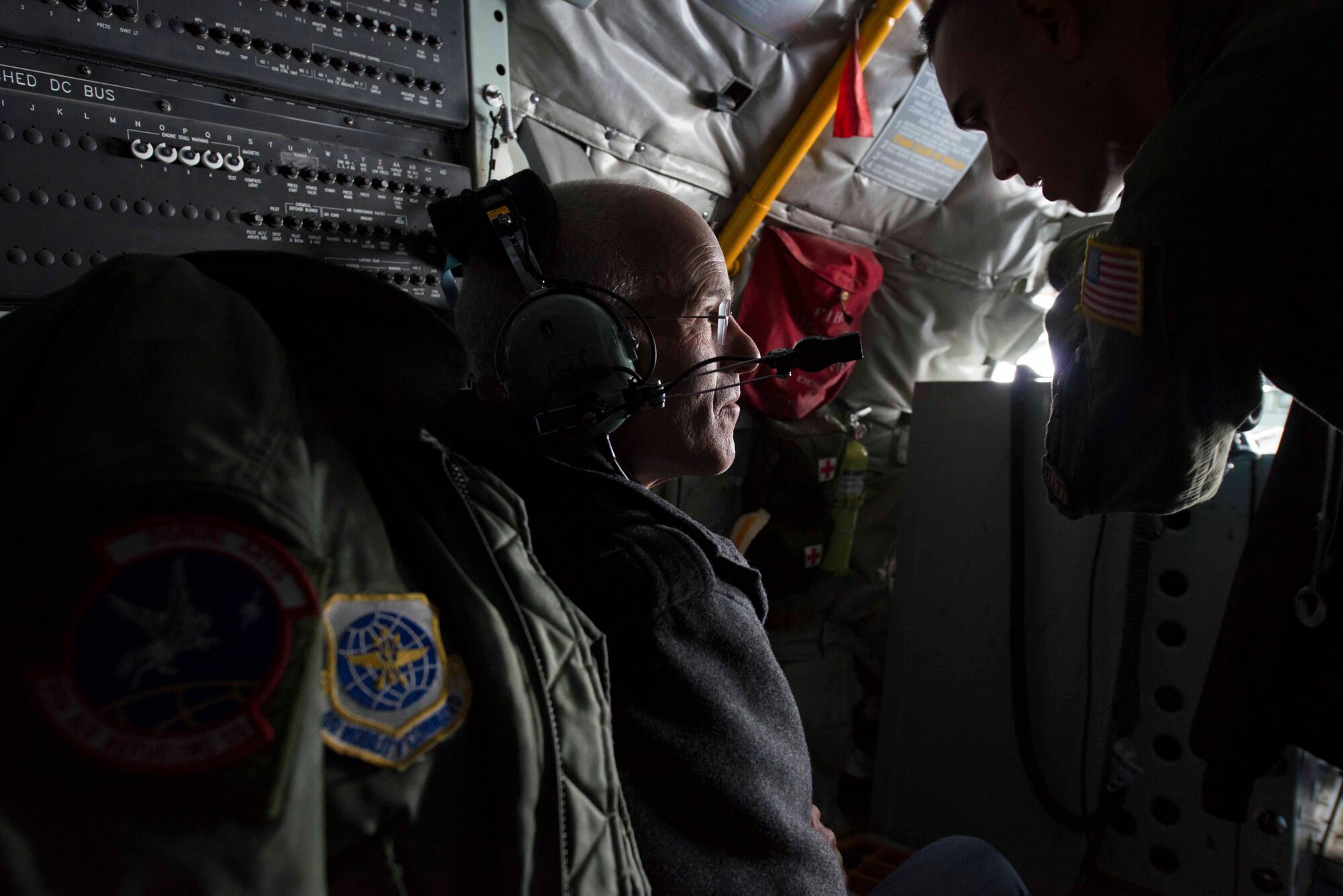 David Holmes, a Fairchild honorary commander, listens to a safety brief from Senior Airman Stephon Sharief, a 92nd Air Refueling Squadron boom operator, prior to an incentive flight Nov. 6, 2014, at Fairchild Air Force Base, Wash. The honorary commander program is intended to immerse local community leaders with base leadership and their squadrons or groups. This particular event was held to familiarize the honorary commanders with the 92nd Operations Group mission and its Airmen. (U.S. Air Force photo/Staff Sgt. Alexandre Montes)