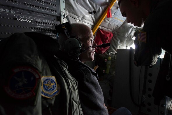 David Holmes, a Fairchild honorary commander, listens to a safety brief from Senior Airman Stephon Sharief, a 92nd Air Refueling Squadron boom operator, prior to an incentive flight Nov. 6, 2014, at Fairchild Air Force Base, Wash. The honorary commander program is intended to immerse local community leaders with base leadership and their squadrons or groups. This particular event was held to familiarize the honorary commanders with the 92nd Operations Group mission and its Airmen. (U.S. Air Force photo/Staff Sgt. Alexandre Montes)