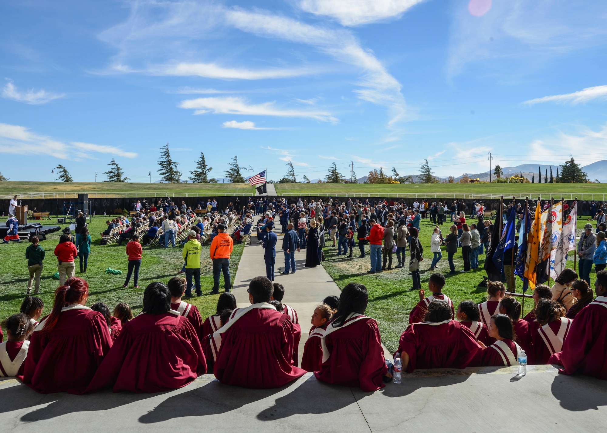 Hundreds of Antelope Valley residents gathered at the Palmdale Amphitheater Nov. 11 for a Veteran’s Day ceremony by the mobile Vietnam Veteran’s Memorial Wall. (U.S. Air Force photo by Rebecca Amber) 