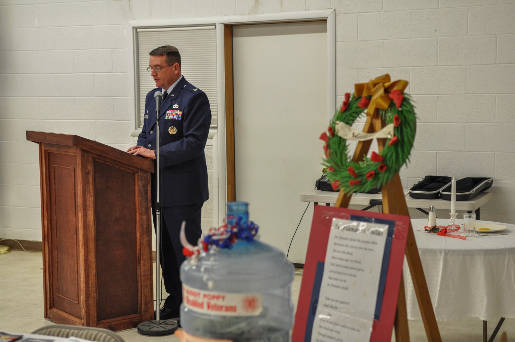 Col. Gary Kubat, 366th Mission Support Group commander, is a guest speaker during a Veterans Day ceremony held at the Veterans of Foreign Wars in Glenns Ferry, Idaho, Nov. 11, 2014. Veterans Day is to appreciate the sacrifices made by past and present veterans.  (U.S. Air Force photo by 2nd Lt. Rebecca Solosabal/RELEASED)