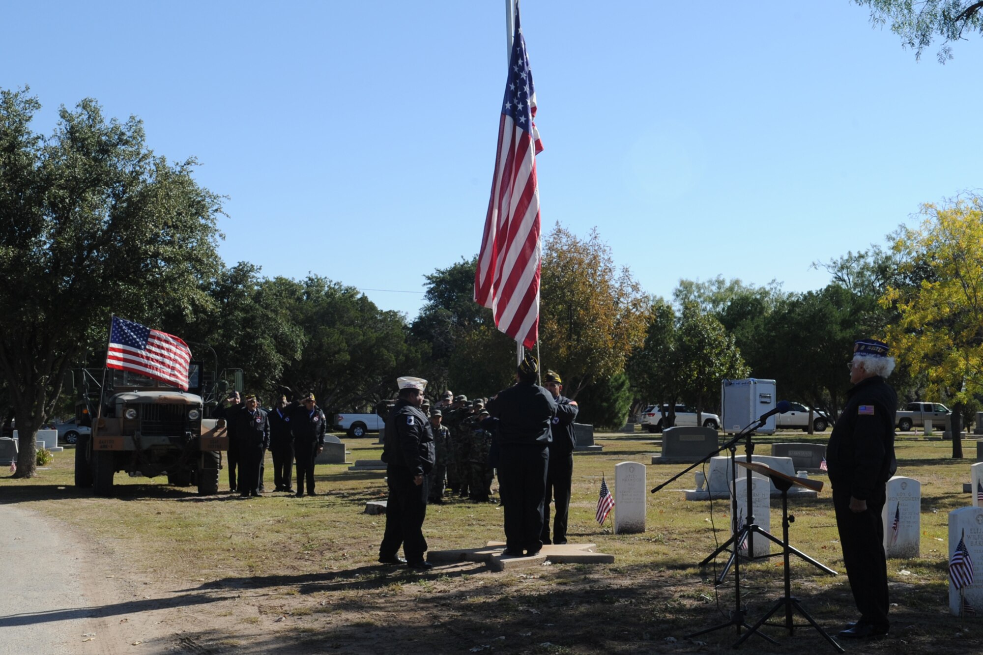 SAN ANGELO, Texas -- San Angelo’s All Veterans Council Honor Guard present the colors during a Veterans Day ceremony at Fairmount Cemetery Nov. 11. The Friends of Fairmount Cemetery hosted the ceremony honoring veterans past and present. (U.S. Air Force photo/ Staff Sgt. Laura R. McFarlane)
