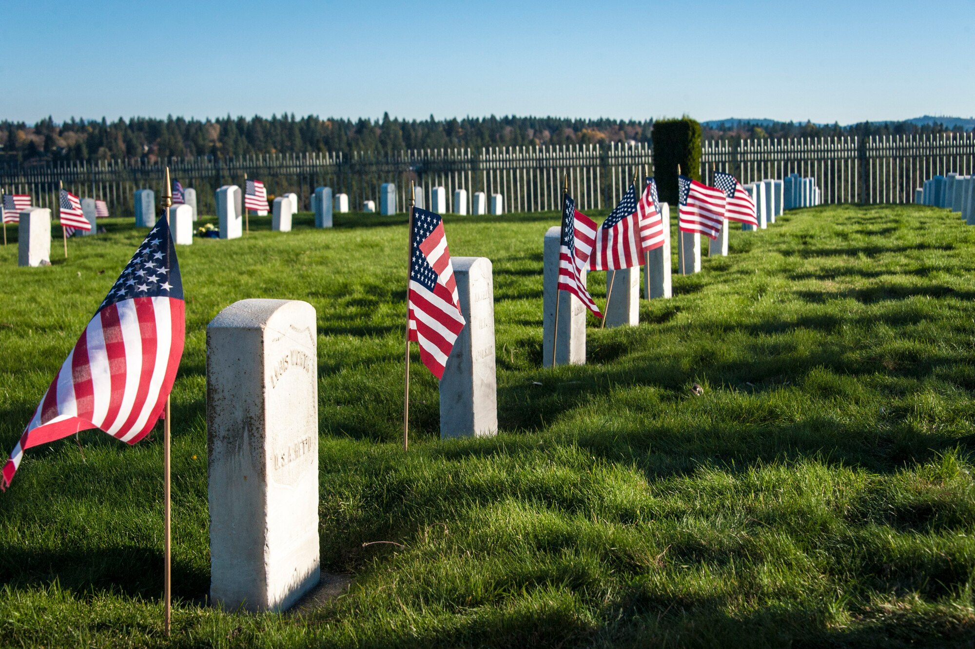 American flags whip around at the grave sites of fallen U.S. servicemembers on Veterans Day at Fort George Wright Veterans Cemetery, Nov. 11, 2014, in Spokane, Wash. Airway Heights’ Veterans of Foreign Wars Post 3386 and Fairchild Air Force Base’s Honor Guard and Boy Scout Troop 342 presented the colors, wreaths and honors during this Veterans Day ceremony that brought service and community members together. An Act approved May 13, 1938, made the 11th of November each year a legal holiday dedicated to the cause of world peace honoring Soldiers, Sailors, Marines and Airmen, American veterans, of all wars. (U.S. Air Force photo/Staff Sgt. Benjamin W. Stratton)