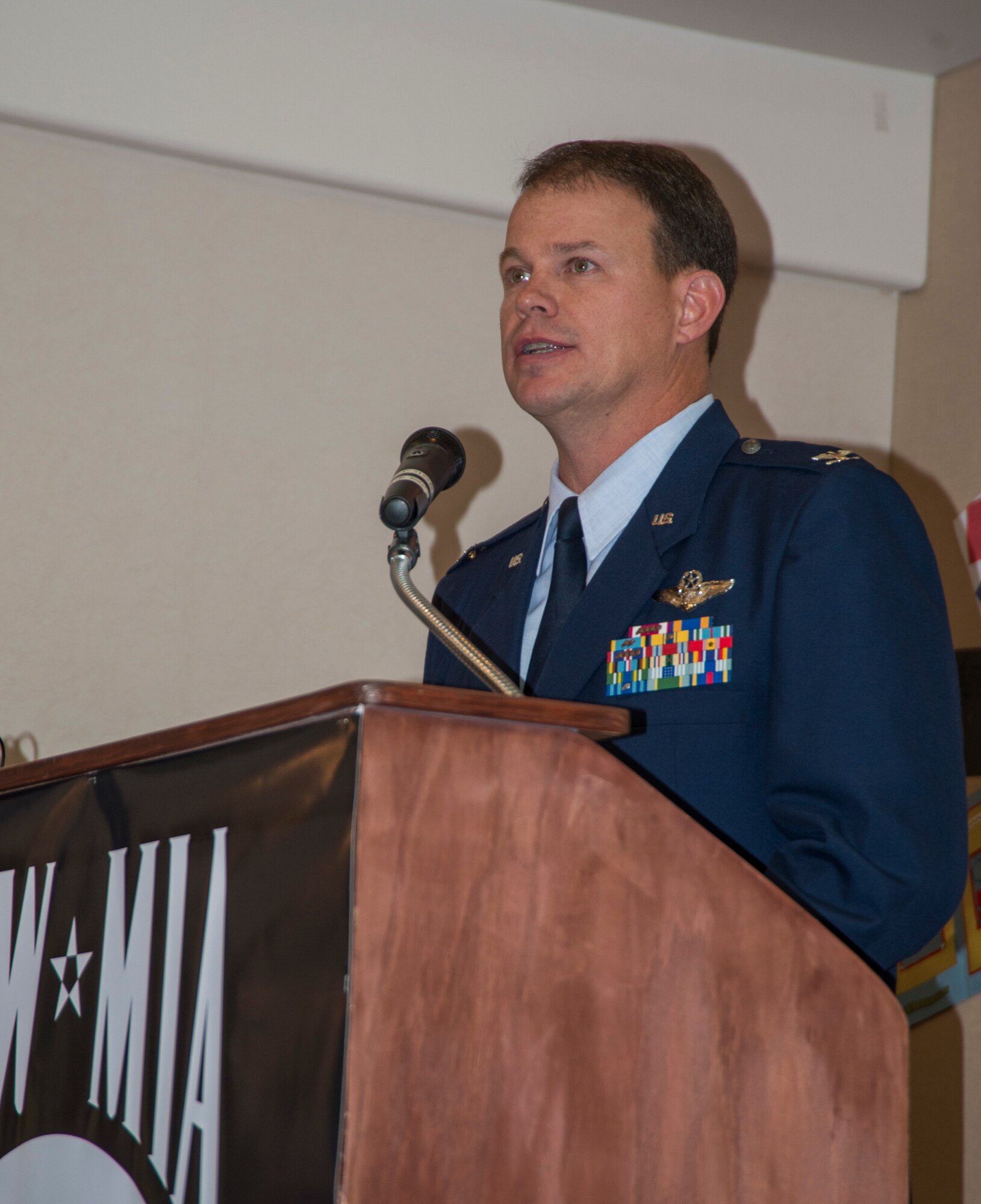 Col. Ron Anderson, 366th Fighter Wing vice commander, speaks to veterans and family members during a Veterans Day ceremony Nov. 11, 2014, at the Idaho State Veterans Home in Boise, Idaho. The purpose of Veterans Day is to honor and express gratitude to past and present veterans for their service to the United States.  (U.S. Air Force photo by Staff Sgt. Roy Lynch/RELEASED)