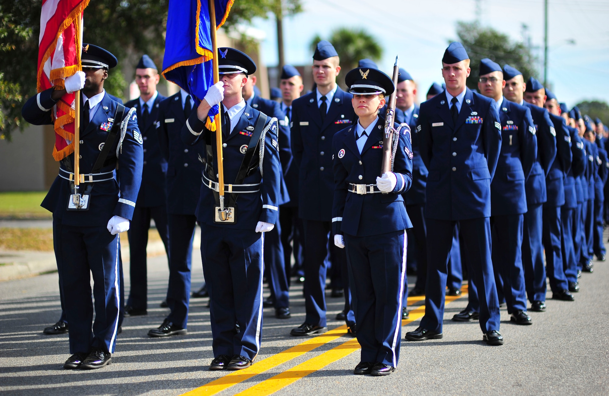 Members of Team Tyndall stand in formation as they prepare to march during the Veterans Day parade Nov. 11 in Panama City.  This parade is held every year to honor not just the sacrifices, but the heroism of the men and women in military uniforms. (U.S. Air Force photo by Airman 1st Class Dustin Mullen)
