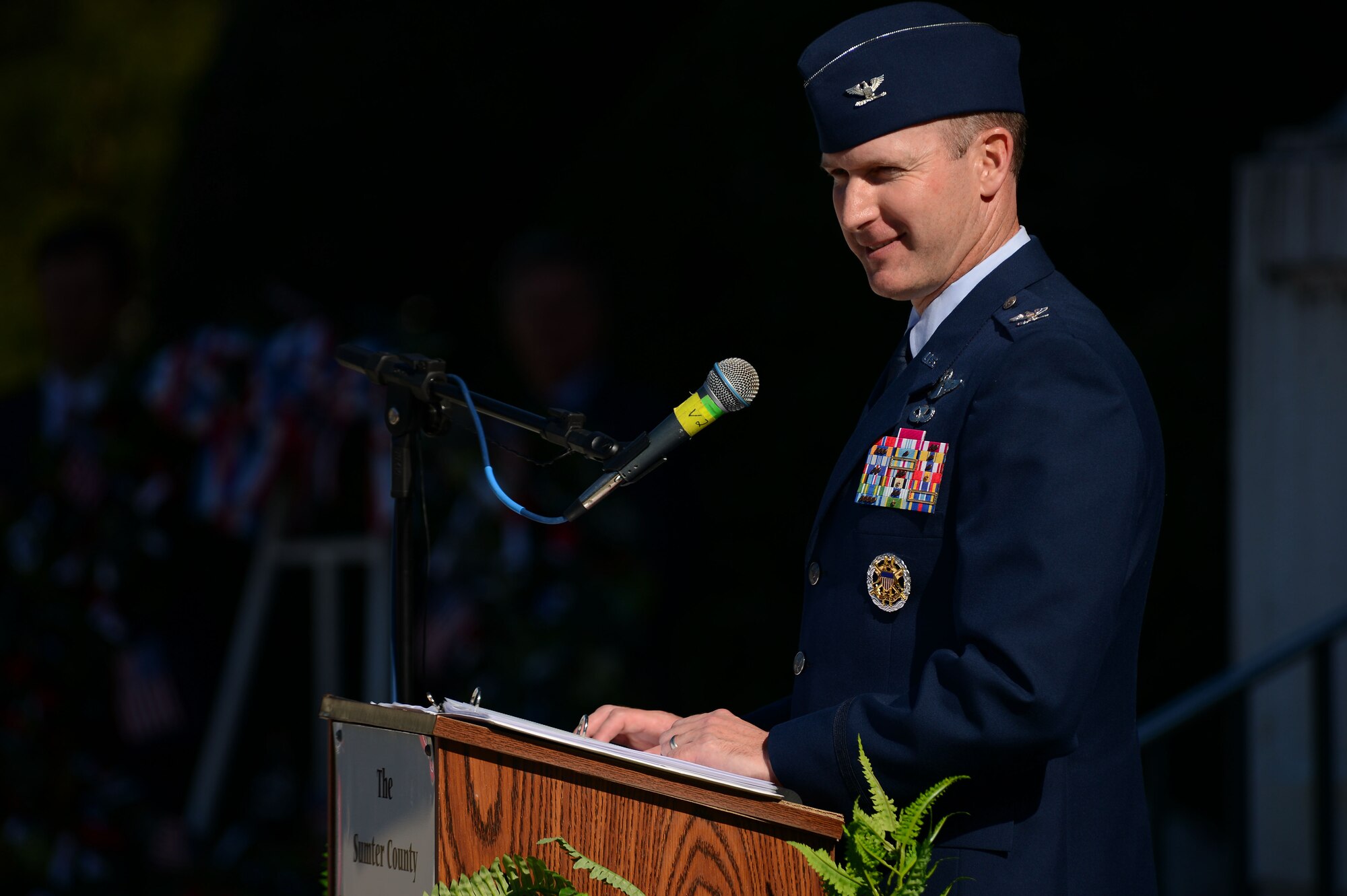 U.S. Air Force Col. Stephen Jost, 20th Fighter Wing commander, speaks during a Veterans Day ceremony at the Sumter County Courthouse, Sumter, S.C., Nov. 11, 2014. During the ceremony, Jost spoke about his appreciation for freedom and initiated a moment of silence to reflect on the sacrifices that veterans have made for our nation. (U.S. Air Force photo by Airman 1st Class Jensen Stidham/Released)