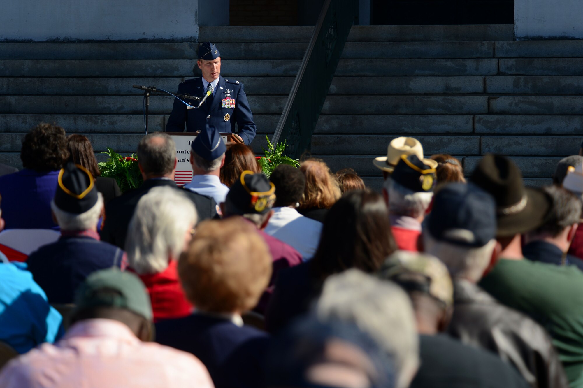 U.S. Air Force Col. Stephen Jost, 20th Fighter Wing commander speaks during a Veterans Day ceremony at the Sumter County Courthouse, Sumter, S.C., Nov. 11, 2014. More than 400 attendees listened as Jost spoke about his appreciation for the Sumter community’s support for veterans. (U.S. Air Force photo by Airman 1st Class Jensen Stidham/Released)  