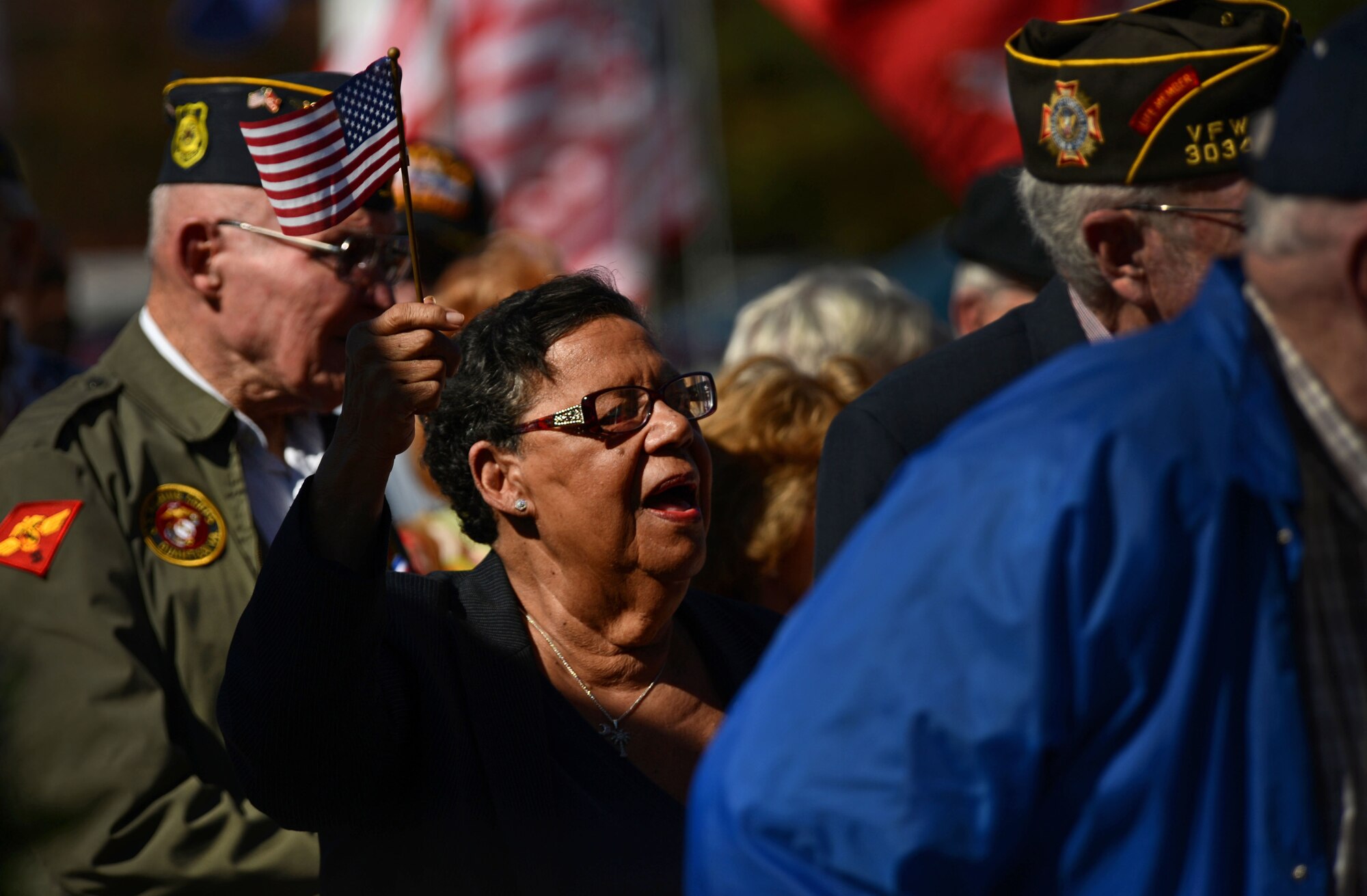 A woman waves an American flag during a Veterans Day ceremony at the Sumter County Courthouse, Sumter, S.C., Nov. 11, 2014. At the end of the event, the song “God Bless the U.S.A.” by Lee Greenwood was played for attendees to sing along. (U.S. Air Force photo by Airman 1st Class Jensen Stidham/Released) 