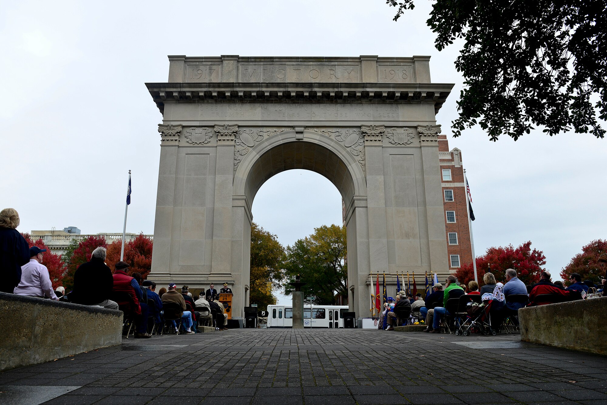 A Veteran’s Day ceremony was held at the Victory Arch in Newport News, Va., Nov. 11, 2014. The arch was originally built in 1919; World War I troops that disembarked from ships marched through the arch in victory parades. (U.S. Air Force photo by Senior Airman Kimberly Nagle/Released) 