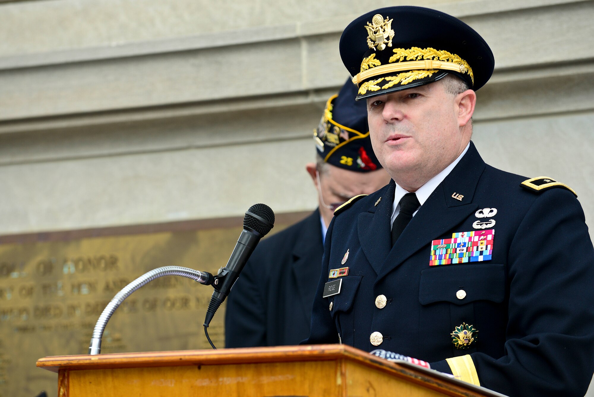 U.S. Army Maj. Gen. Ross Ridge, Initial Military Training Center of Excellence deputy commanding general, was the keynote speaker during a Veteran’s Day ceremony at the Victory Arch in Newport News, Va., Nov. 11, 2014. Ridge spoke about celebrating the veterans of the past and present. (U.S. Air Force photo by Senior Airman Kimberly Nagle/Released)