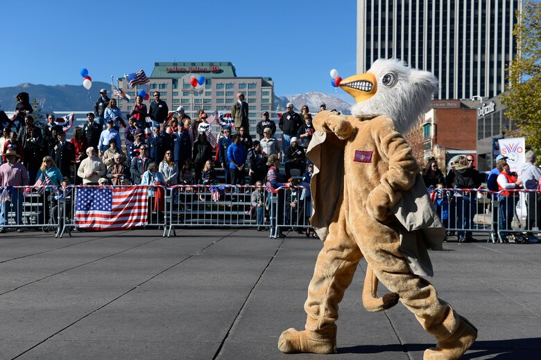 The 50th Force Support Squadron mascot struts during the Colorado Springs Veterans Day Parade Nov. 8, 2014, in Colorado Springs, Colo. Members of the 50th Space Wing built a float for the event and also marched in the parade. (U.S. Air Force photo/Christopher DeWitt)     