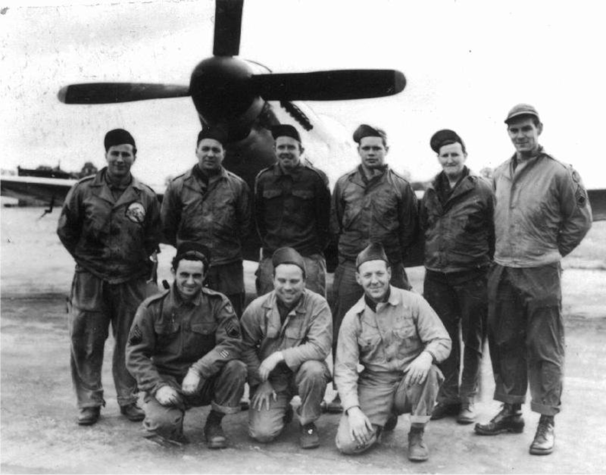Neil Buley was one of the OreANG's early aircraft maintenance Caretakers, and a World War II Army Air Force veteran who served in the European Theater of Operations.  He is pictured here during the war along with other members of the 14th Photo Reconnaissance Squadron's Engineering Section and a P-51D Mustang fighter, added to the unit late in the war as an escort for its unarmed photo recon planes.  Left to right, kneeling are: S/Sgt. Sylvan Saul; T/Sgt. Shade B Kincer; T/Sgt. Edward W Nelson. Standing: Sgt. Arnold A Koskela; Sgt. William G Peterson; Sgt. Samuel C McKinney; Sgt. Cyril L Petty; S/Sgt. John F Campbell; T/Sgt. Neil O Buley.  (Courtesy of  Martin Kyburz, via Peter Randall, US 8th Air Force Little Friends website)