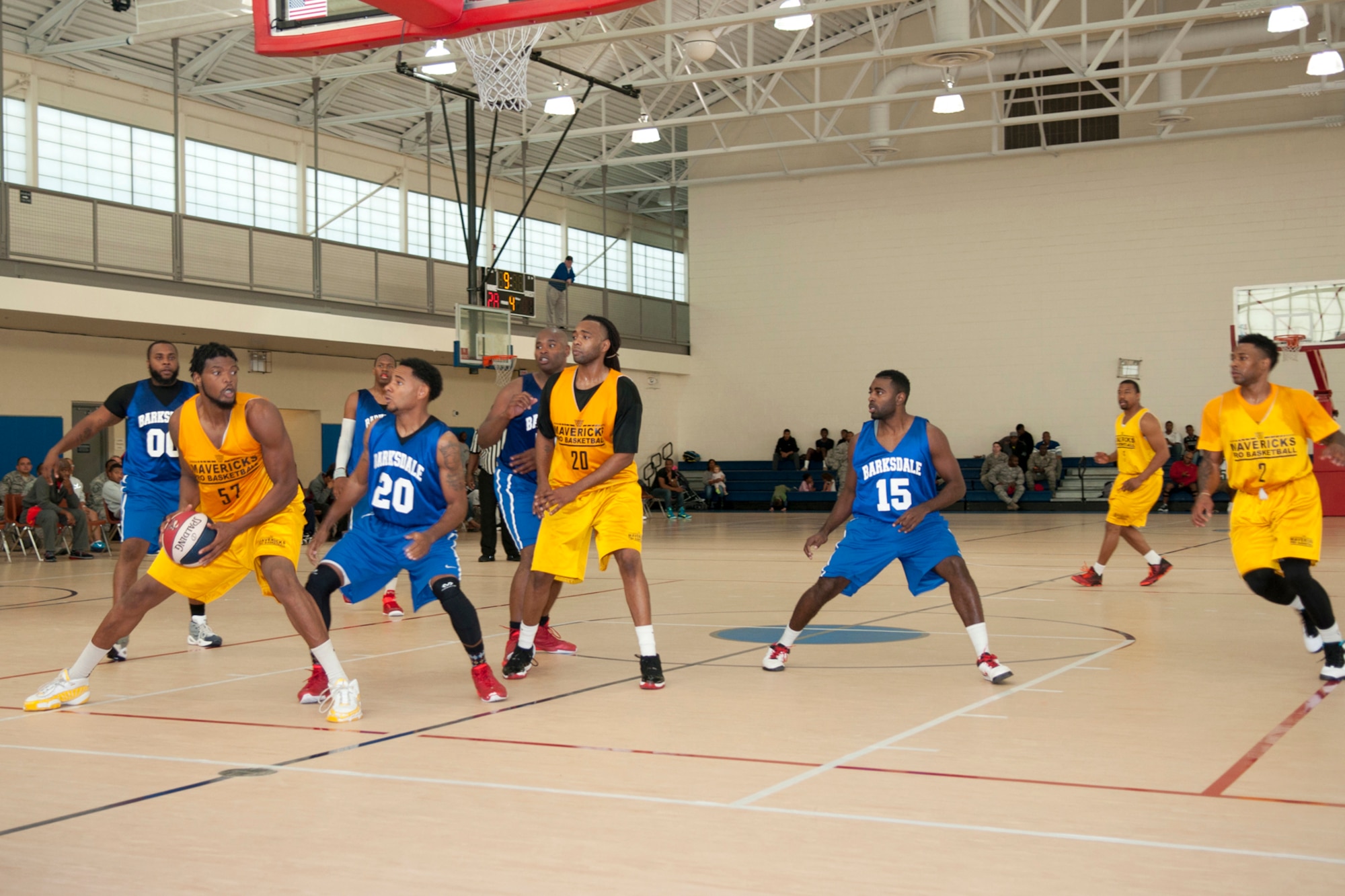 The Barksdale All-Stars Basketball Team puts up a strong defense against the Shreveport-Bossier Mavericks during an exhibition game at the Senior Airman Bryan R. Bell Fitness Center on Barksdale Air Force Base, La., Nov. 1, 2014. The Mavericks are part of the American Basketball Association and played an exhibition game against the Barksdale All-Stars before they begin their professional season. (U.S. Air Force photo by Master Sgt. Dachelle Melville/Released)