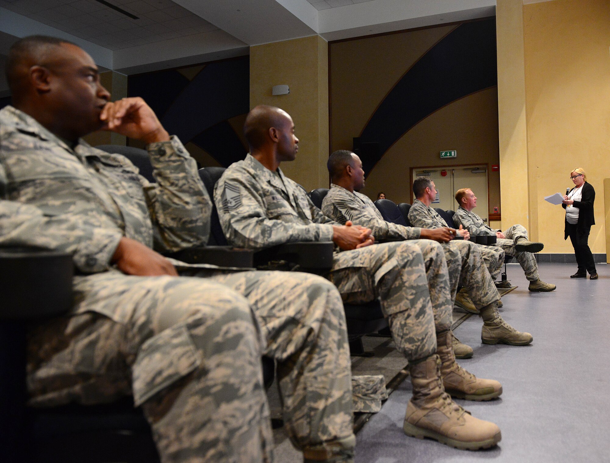 Aviano leadership listen to facts about Ebola during a town hall, Nov. 7, 2014, at Aviano Air Base, Italy. The discussion focused on Aviano’s preventions efforts both at the source and in Italy. (U.S. Air Force photo/Senior Airman Matthew Lotz)