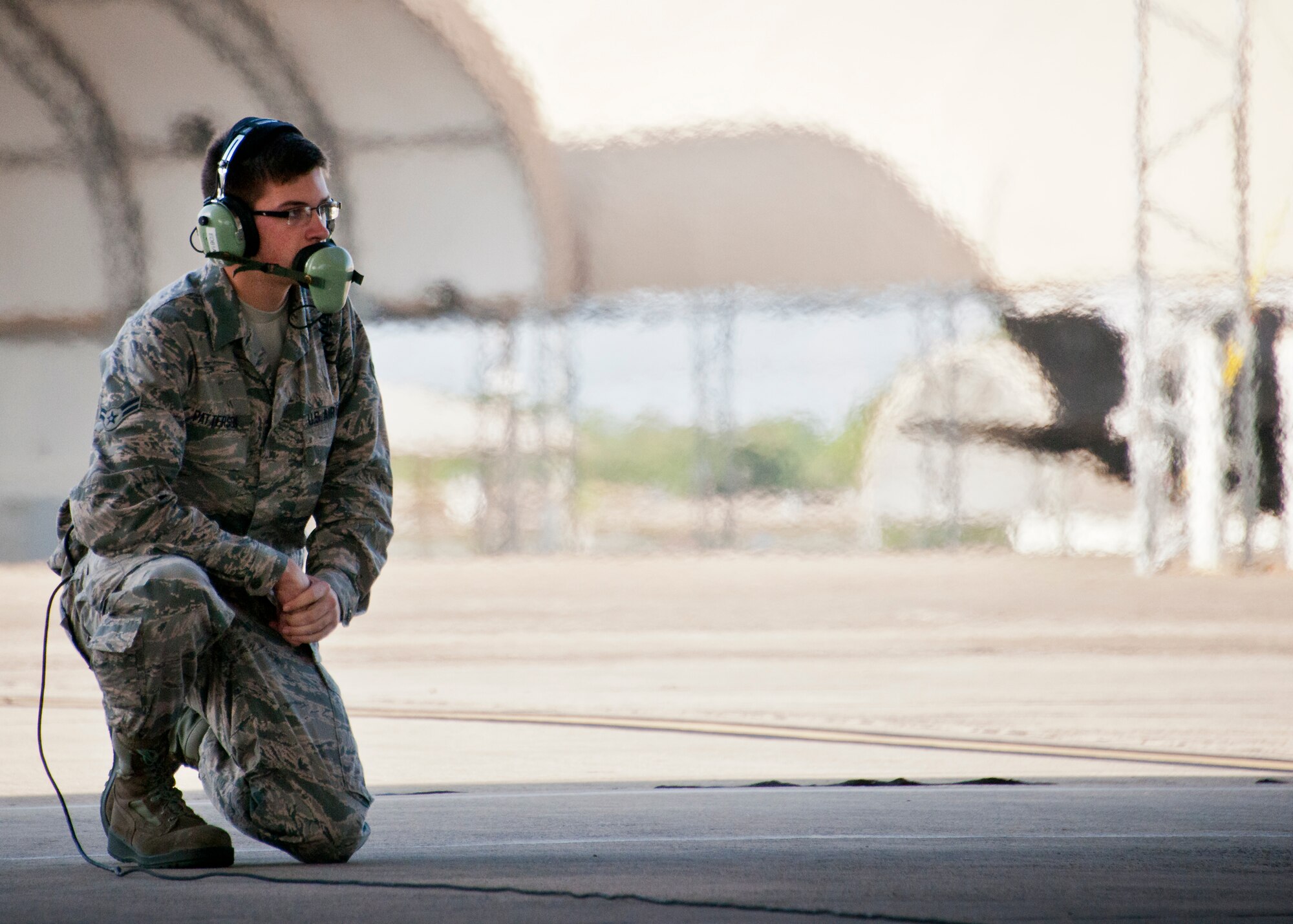 Airman 1st Class John Patterson, 33rd Aircraft Maintenance Squadron, monitors F-35A Lightning II preflight checks at Eglin Air Force Base, Fla.  The 33rd Maintenance Group is responsible for the maintenance of the Air Force’s joint strike fighter fleet on base.  (U.S. Air Force photo/Samuel King Jr.)