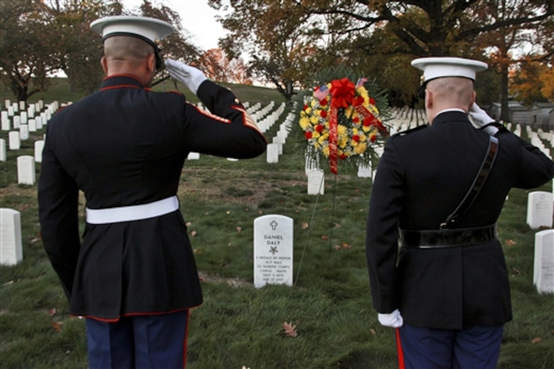 U.S. Marines lay a wreath in Brooklyn, N.Y., Nov. 10, 2014, to honor Sgt. Maj. Dan Daly, a two-time Medal of Honor recipient. Only two Marines in American history are two-time recipients of the nation’s highest military honor. 