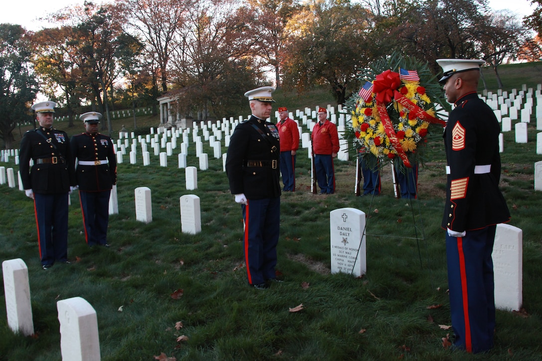 Col. James Iulo and Sgt. Maj. Irvin Howard lay a wreath in honor of Sgt. Maj. Dan Daly, two-time Medal of Honor recipient, Nov. 10. Daly is one of two Marines in history to receive the nation’s highest honor twice. Iulo is the 1st Marine Corps District commanding officer and Howard is the 1st MCD sergeant major.