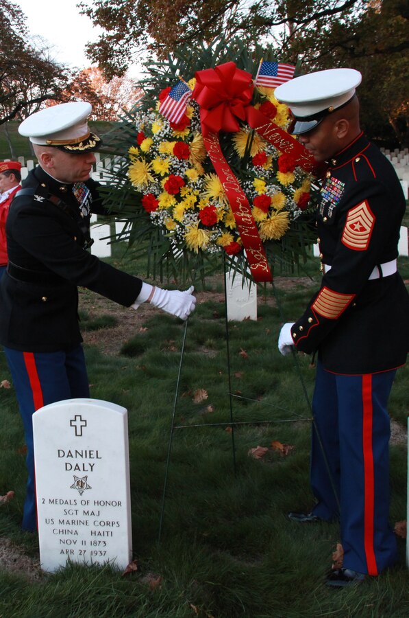 Col. James Iulo and Sgt. Maj. Irvin Howard lay a wreath in honor of Sgt. Maj. Dan Daly, two-time Medal of Honor recipient, Nov. 10. Daly is one of two Marines in history to receive the nation’s highest honor twice. Iulo is the 1st Marine Corps District commanding officer and Howard is the 1st MCD sergeant major.