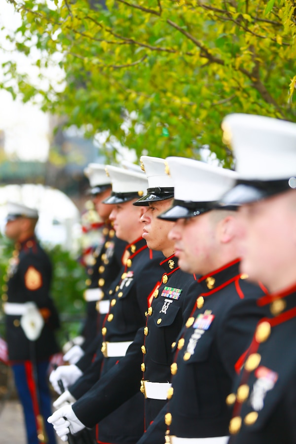 U.S. Marines prepare to fire the 21-gun salute during the wreath laying ceremony at the 2014 America's Parade in Manhattan, N.Y., Nov.11, 2014. In addition to the parades service members, more than 6,000 people were in attendance. (U.S. Marine Corps photo by Cpl. Elizabeth Thurston/Released)