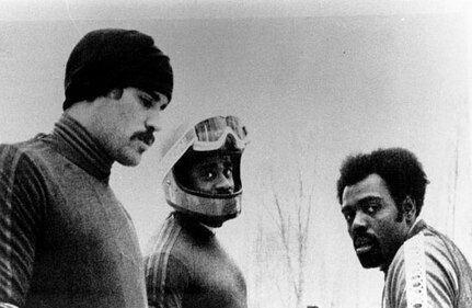 From left to right, bobsledders Jeff Jordan of Canada, Jeff Gadley and Willie Davenport of the U.S. team competed in the 1980 Winter Olympics in Lake Placid, N.Y.