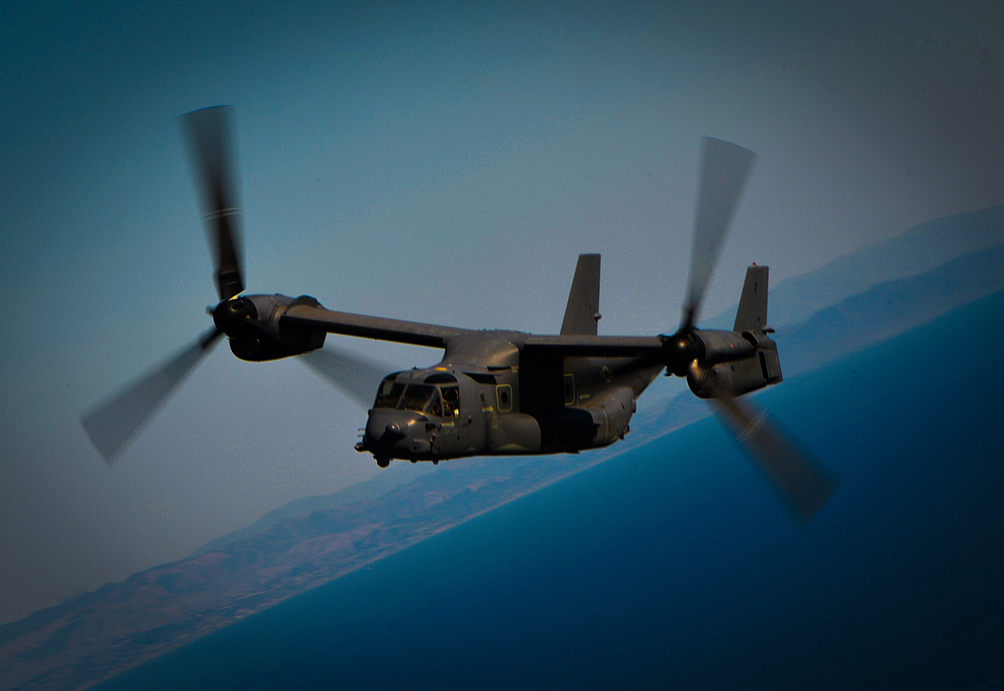 A CV-22 Osprey from the 8th Special Operations Squadron, flies a training mission near San Diego, Calif., during Exercise Carbonite Archer, Nov. 6, 2014. Carbonite Archer is an emergency deployment readiness exercise focusing on the 1st Special Operations Wing’s ability to deploy aircraft and personnel anytime and anywhere in the world. (U.S. Air Force photo/Senior Airman Christopher Callaway)