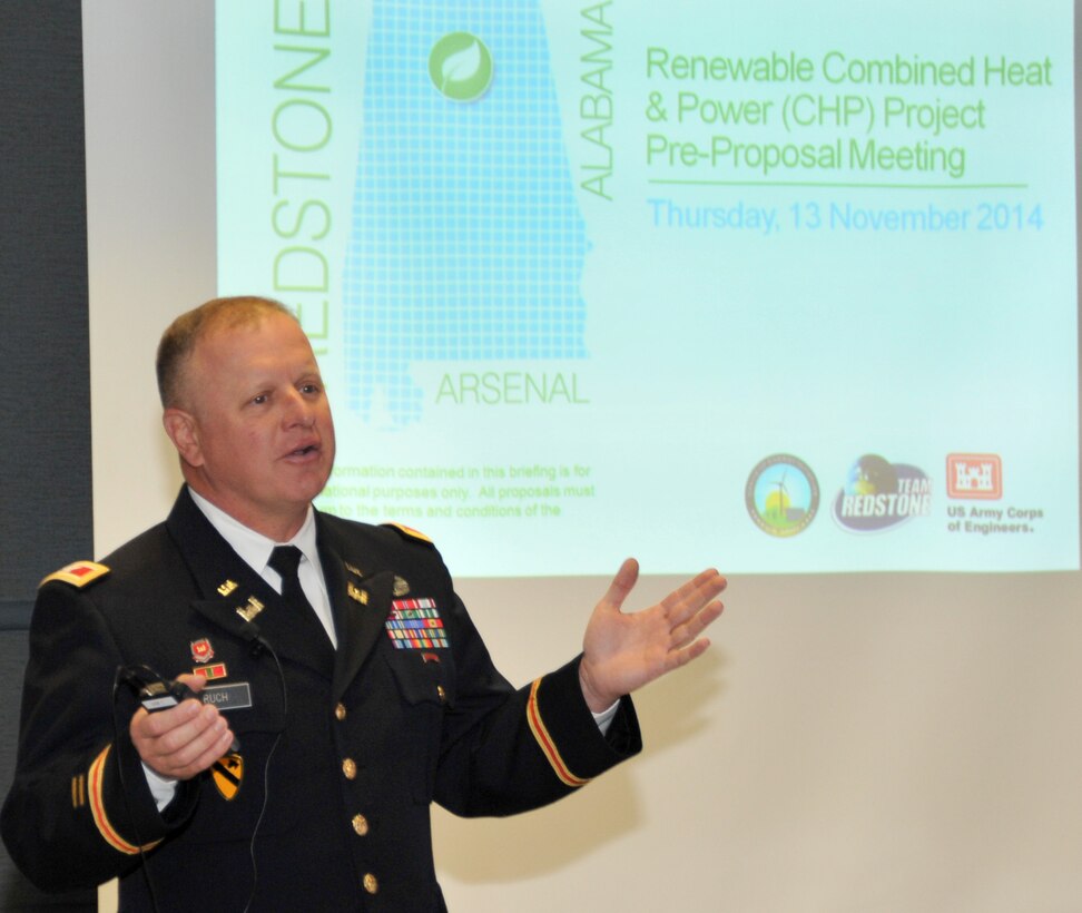 Col. Robert Ruch welcomes some 40 biomass industry representatives to this morning's pre-proposal meeting for Redstone Arsenal's renewable combined heat and power project. Huntsville Center is managing the acquisition for the Office of Energy Initiatives project.