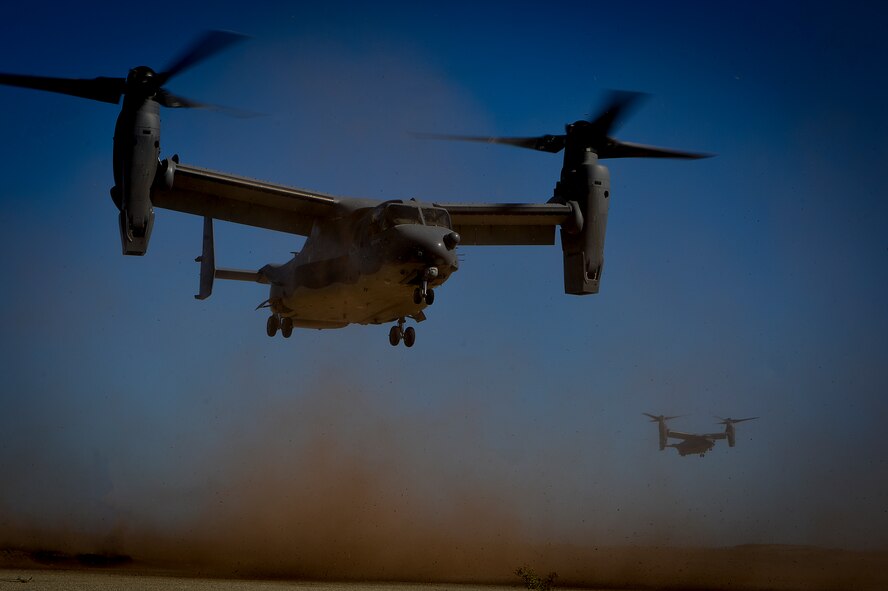 CV-22 Ospreys, from the 8th Special Operations Squadron, land at San Clemente Island, Calif., during exercise Carbonite Archer, Nov. 6, 2014. Carbonite Archer is an emergency deployment readiness exercise focusing on the 1st Special Operations Wing’s ability to deploy aircraft and personnel anytime and anywhere in the world. (U.S. Air Force photo/Senior Airman Christopher Callaway)