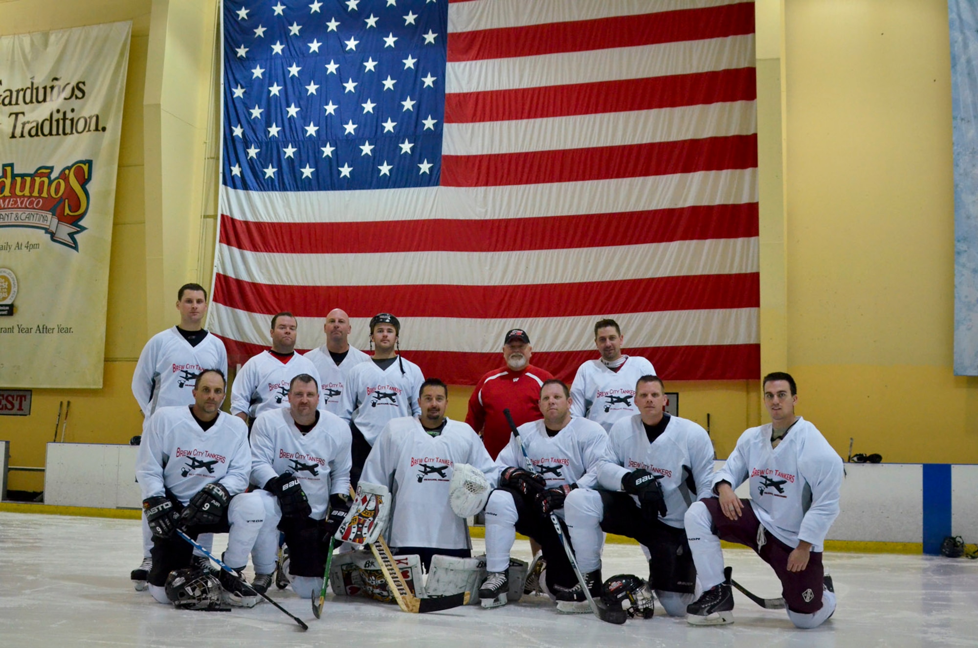 The Brew City Tankers, a hockey team representing the 128th Air Refueling Wing, Wisconsin Air National Guard, played at the 2014 Armed Services Hockey Tournament at the Sobe Ice Arena in Las Vegas Nov. 8, 2014.  (U.S. Air National Guard photo by Staff Sgt. Jenna V. Lenski/Released)