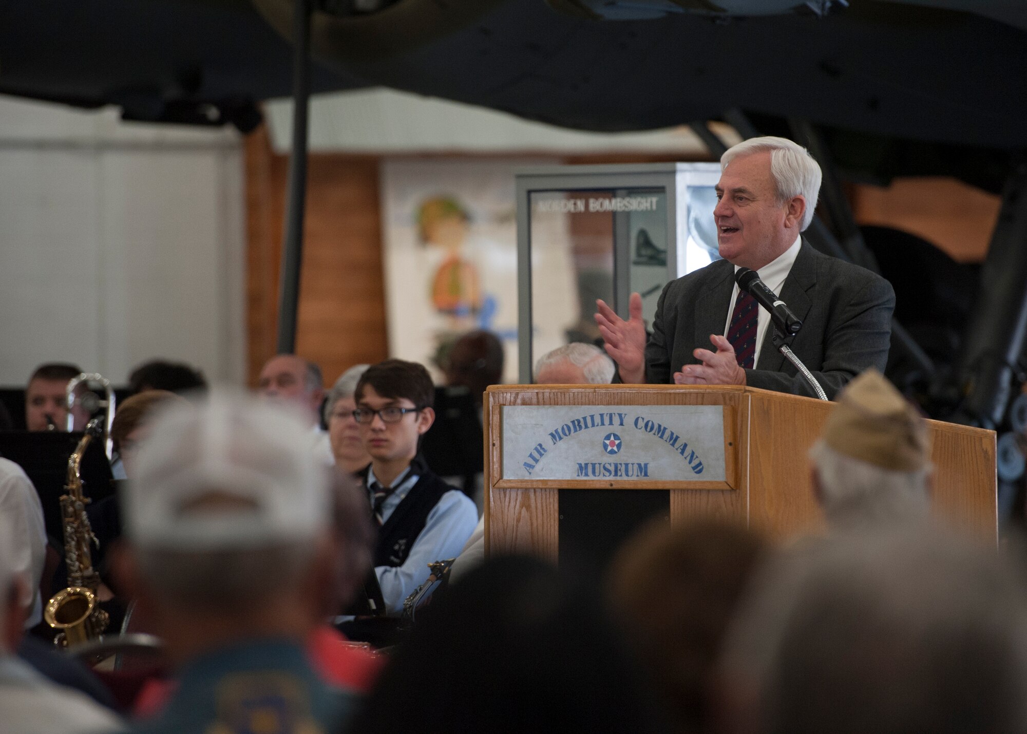 Retired Lt. Gen. Robert R. Dierker, speaks at a Veterans Day Celebration Nov. 11, 2014, at the Air Mobility Command Museum, on Dover Air Force Base, Del. Dierker was featured as the guest speaker at this celebration to honor America’s Veterans. (U.S. Air Force photo/Airman 1st Class Zachary Cacicia)