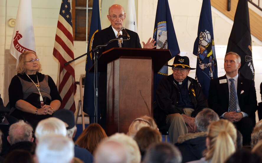 Retired Chief Master Sgt. of the Air Force James McCoy addresses a crowd of more than 300 veterans from WWII to current military members as well as friends, family and military supporters during a Veterans Day event hosted by the Honor Point Military and Aerospace Museum Nov. 11, 2014, at Felts Field in Spokane Valley, Wash. McCoy was the sixth chief master sergeant of the Air Force from 1979 to 1981. (U.S. Air Force photo/Staff Sgt. Samantha Krolikowski)