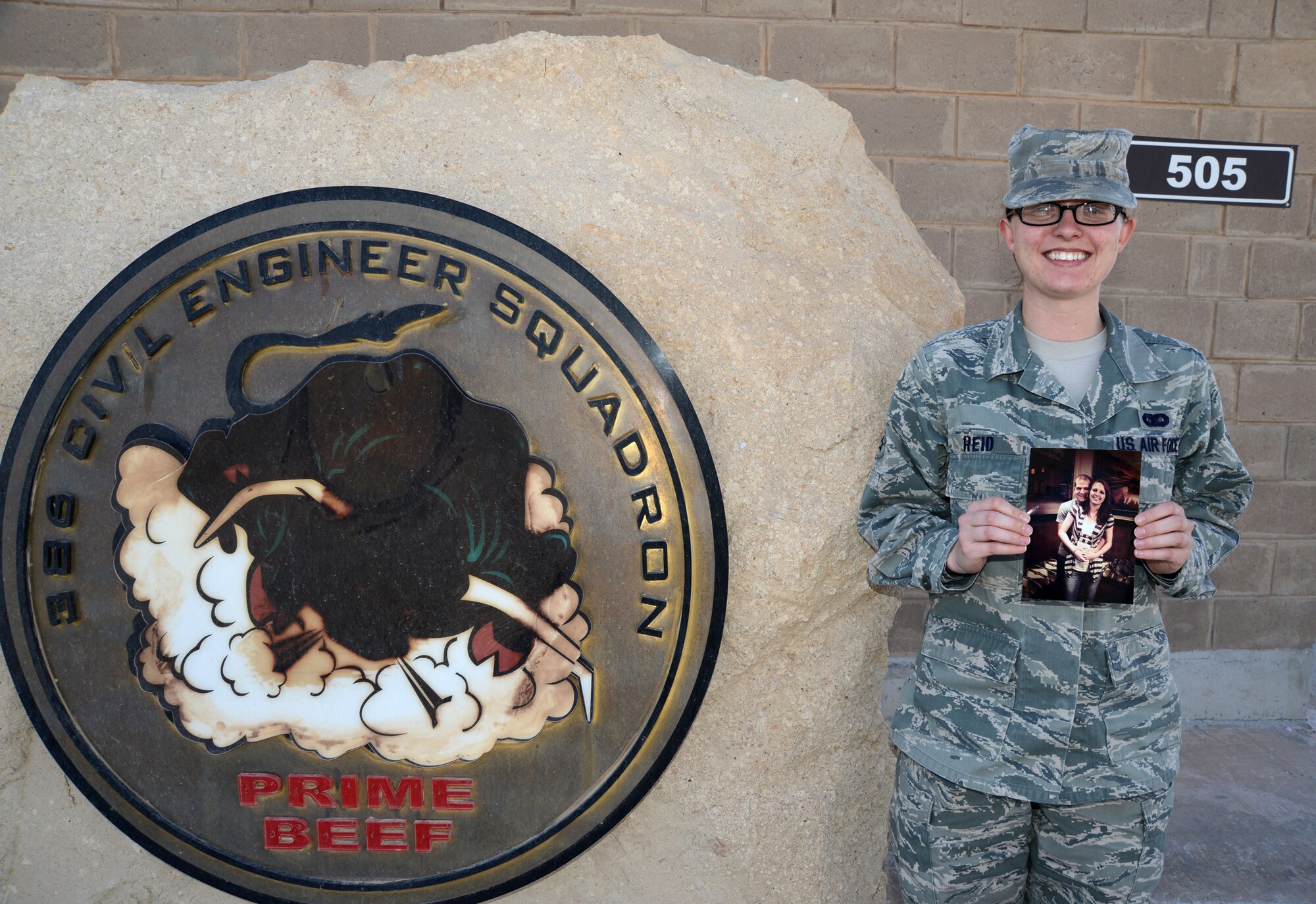 Senior Airman Ashley Reid, 386th Expeditionary Civil Engineer Squadron, got married here Oct. 28 in a double proxy ceremony. Her now-husband Kevin received orders to Spangdahlem Air Base, Germany, which expedited their marriage. Both Reids are currently stationed at Eglin Air Force Base, Fla. (U.S. Air Force photo by Tech. Sgt. Jared Marquis/released)

