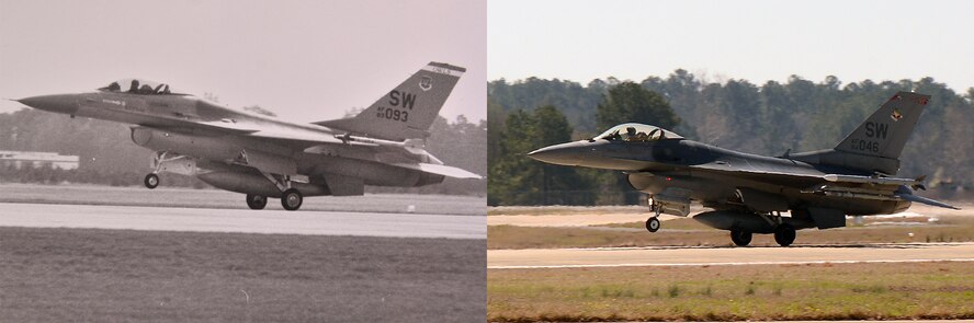 (Left) An F-16 Fighting Falcon assigned to the 17th Fighter Squadron takes off at Shaw Air Force Base, S.C., circa 1984; (right) an F-16CM Fighting Falcon assigned to the 77th FS takes off at Shaw AFB, March 21, 2014. The F-16 arrived at Shaw in 1982, and became an asset to Shaw’s ability to fly, fight, and win. (U.S. Air Force photo illustration by Airman 1st Class Jonathan Bass/Released)