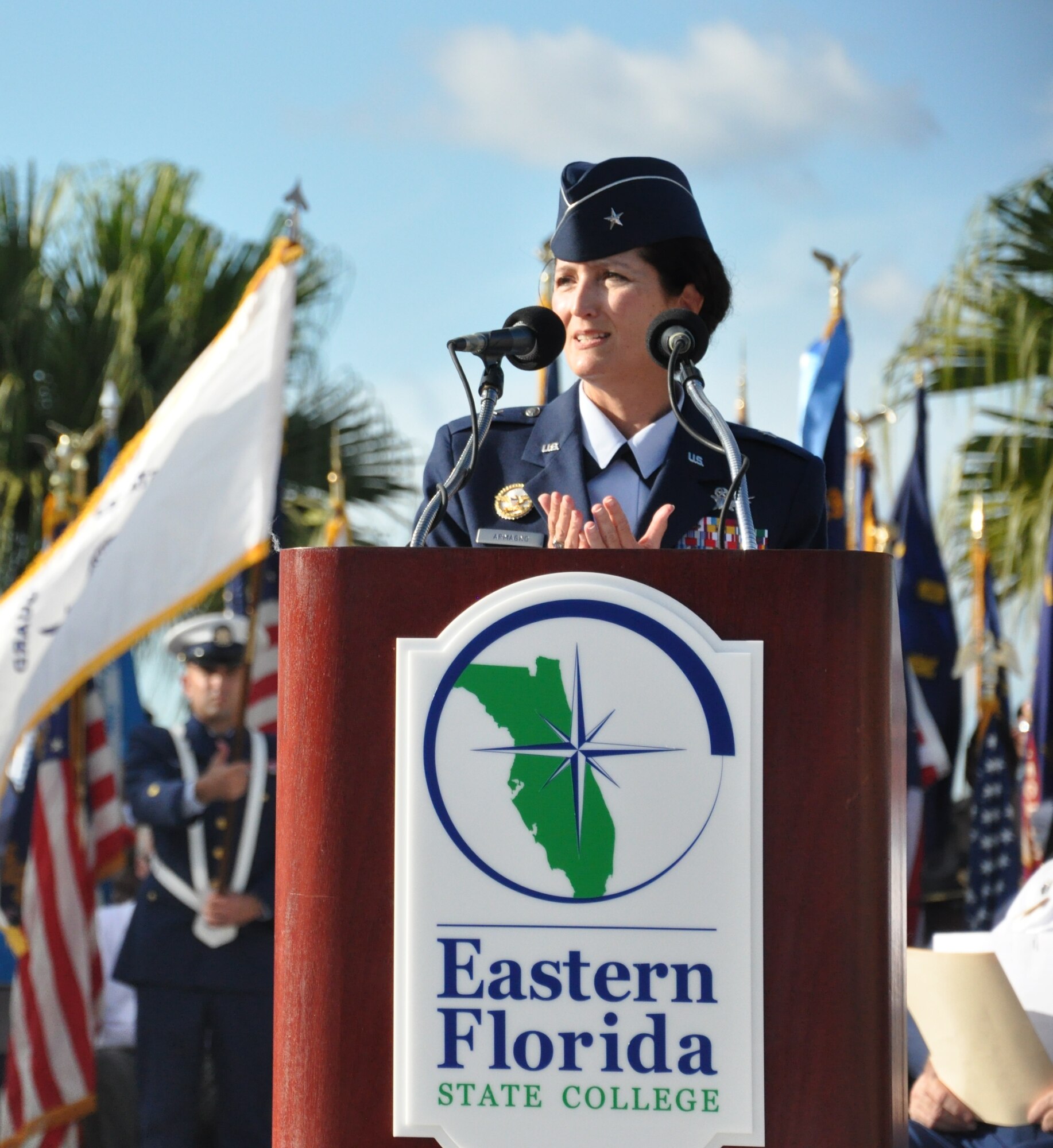 Brig. Gen. Nina Armagno, 45th Space Wing commander, served as guest speaker for the 32nd Annual Massing of the Colors Veterans Day, Nov. 11, 2014, at the George F. Schlatter Veterans Memorial Amphitheater at the Cocoa Campus of Eastern Florida State College in Cocoa, Fla. (U.S. Air Force photo/Christopher Calkins)