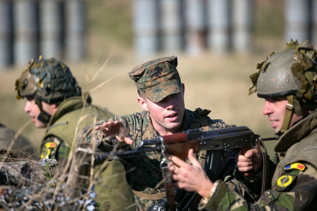Marines and Sailors on Black Sea Rotational Force 14 worked hand-in-hand with Romanian Land Forces during exercise Platinum Lynx 15.3 in Focsani, Romania. Training included weapons familiarization classes, live-fire ranges and call-for-fire ranges, among more. The service members also participated in shooting competitions and sports competitions with their Romanian partners. Cohesion between Marines and the Romanian Land Forces was bolstered through this exercise. (U.S. Marine Corps photo by Lance Cpl. Ryan Young/released)