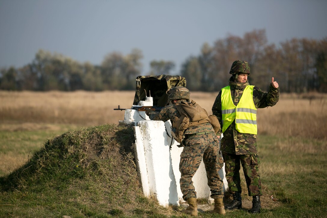 Marines and Sailors on Black Sea Rotational Force 14 worked hand-in-hand with Romanian Land Forces during exercise Platinum Lynx 15.3 in Focsani, Romania. Training included weapons familiarization classes, live-fire ranges and call-for-fire ranges, among more. The service members also participated in shooting competitions and sports competitions with their Romanian partners. Cohesion between Marines and the Romanian Land Forces was bolstered through this exercise. (U.S. Marine Corps photo by Lance Cpl. Ryan Young/released)