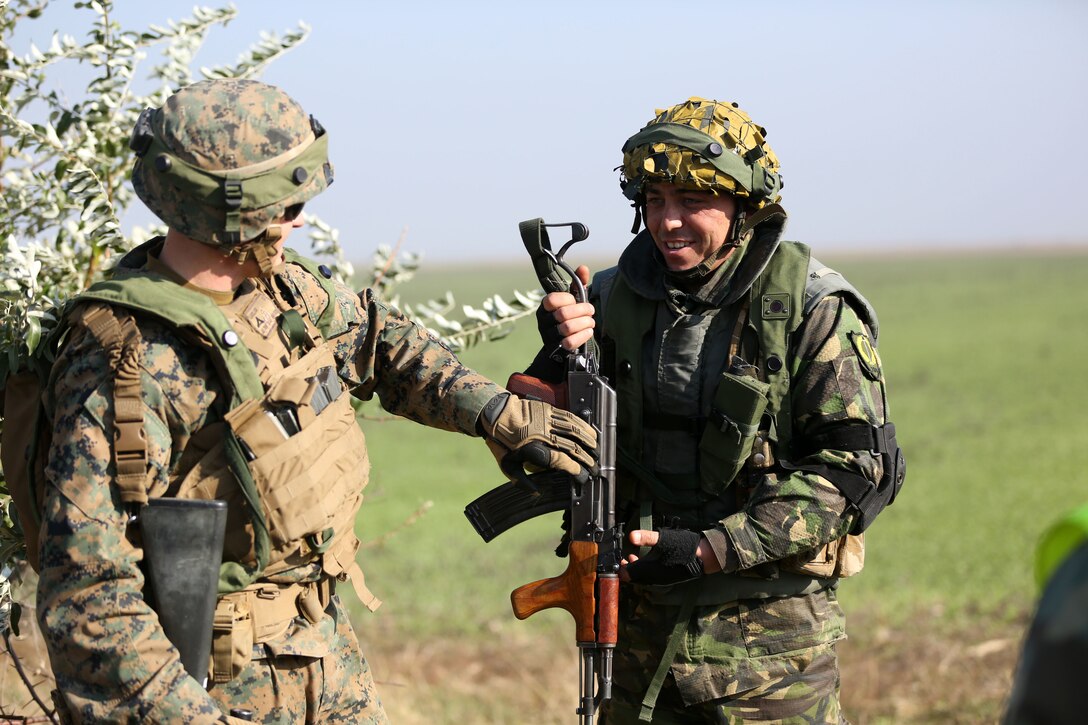 Marines and Sailors on Black Sea Rotational Force 14 worked hand-in-hand with Romanian Land Forces during exercise Platinum Lynx 15.3 in Focsani, Romania. Training included weapons familiarization classes, live-fire ranges and call-for-fire ranges, among more. The service members also participated in shooting competitions and sports competitions with their Romanian partners. Cohesion between Marines and the Romanian Land Forces was bolstered through this exercise. (U.S. Marine Corps photo by Lance Cpl. Ryan Young/released)