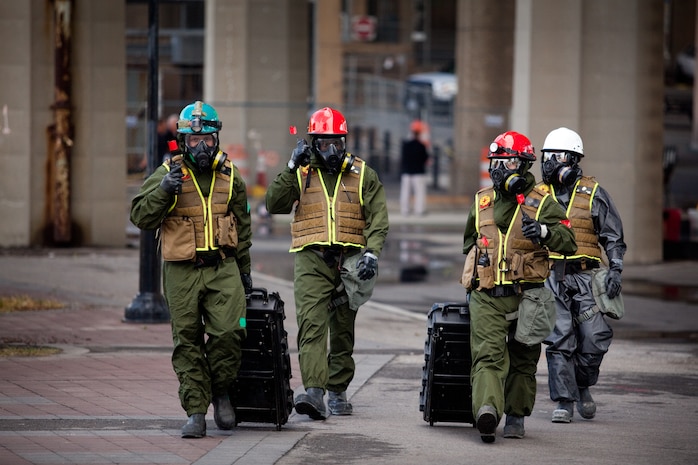 Marines and sailors with the Chemical Biological Incident Response Force conducted an annual training exercise alongside the New York City Fire Department at a training academy in Randall's Island, New York. CBIRF conducted rope rescue, vehicle extrication, structural collapse and confined space training during the week long exercise. The event culminated with a night operation at the Barclay's Center in Brooklyn, where Marines and sailors rescued role-playing casualties from a simulated bomb explosion. The mission of CBIRF is to forward-deploy and/or respond, when directed, to a credible threat of chemical, biological, radiological, nuclear or high-yield explosive incident in order to assist local, state or federal agencies and unified combat commanders in the conduct of consequence management operations. (Official Marine Corps Photo by Sgt Kuande Hall/RELEASED)


