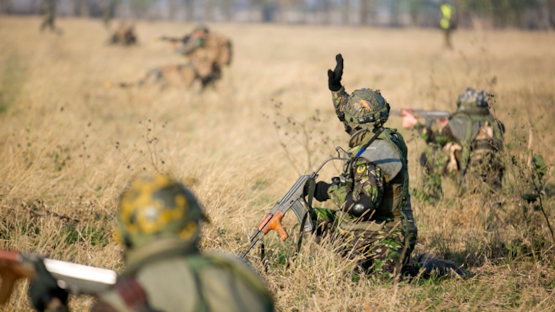 A Romanian soldier calls for a pause in movement during a patrol exercise on Platinum Lynx 15.3 in Focsani, Romania. Marines and Sailors on Black Sea Rotational Force 14 worked hand-in-hand with Romanian Land Forces during the exercise. (U.S. Marine Corps photo by Lance Cpl. Ryan Young/released)