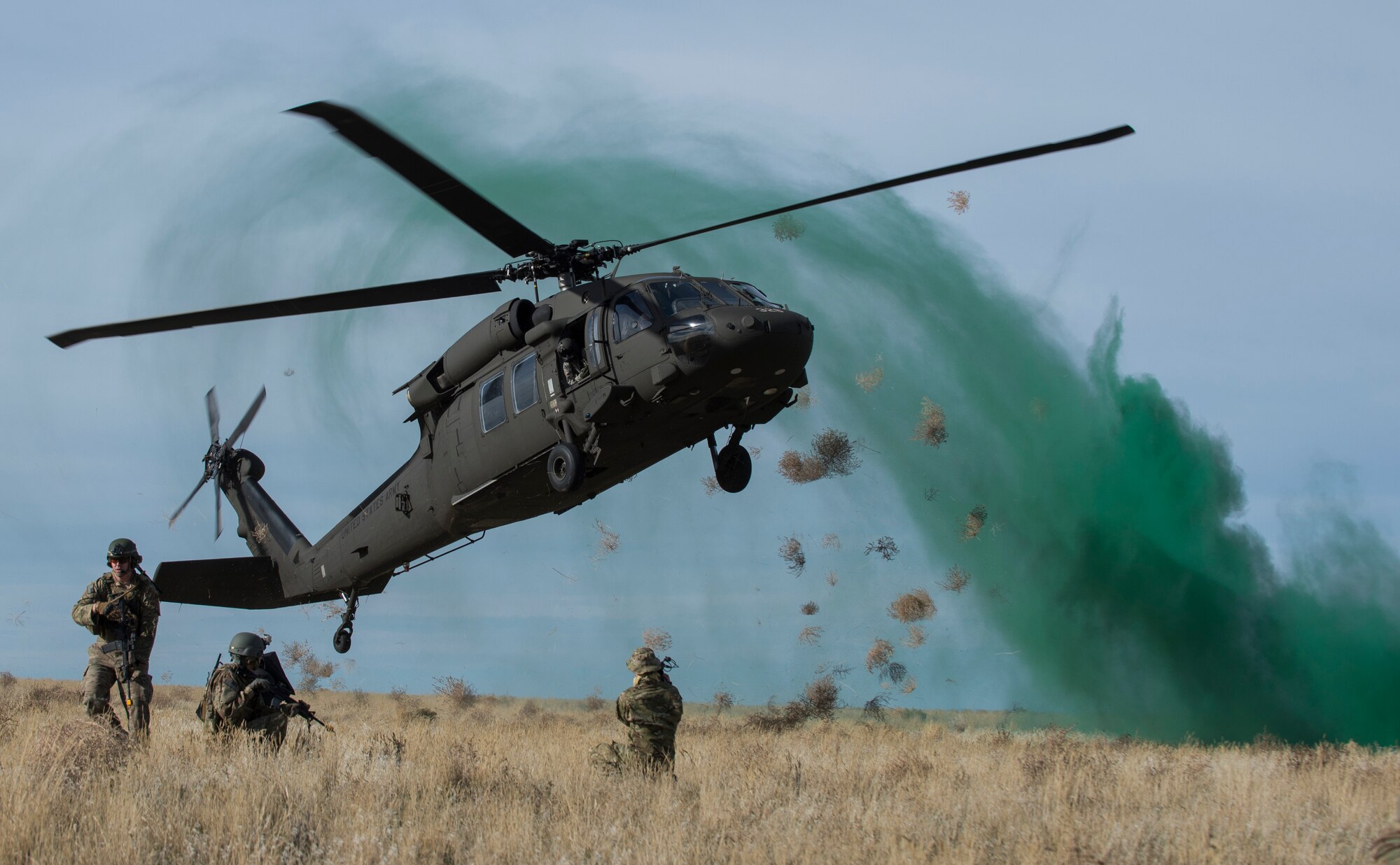 A UH-60 Black Hawk sets down during a capstone training event Nov. 6, 2014, at Sailor Creek Range Complex, Idaho. Members of the 366th Fighter Wing train alongside U.S. Army and U.S. Marine Corp affiliates to execute realistic operation scenarios, which will allow them to operate in a tactical environment. (U.S. Air Force photo/Staff Sgt. Roy Lynch)