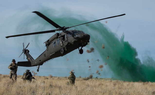 A UH-60 Black Hawk sets down during a capstone training event Nov. 6, 2014, at Sailor Creek Range Complex, Idaho. Members of the 366th Fighter Wing train alongside U.S. Army and U.S. Marine Corp affiliates to execute realistic operation scenarios, which will allow them to operate in a tactical environment. (U.S. Air Force photo/Staff Sgt. Roy Lynch)