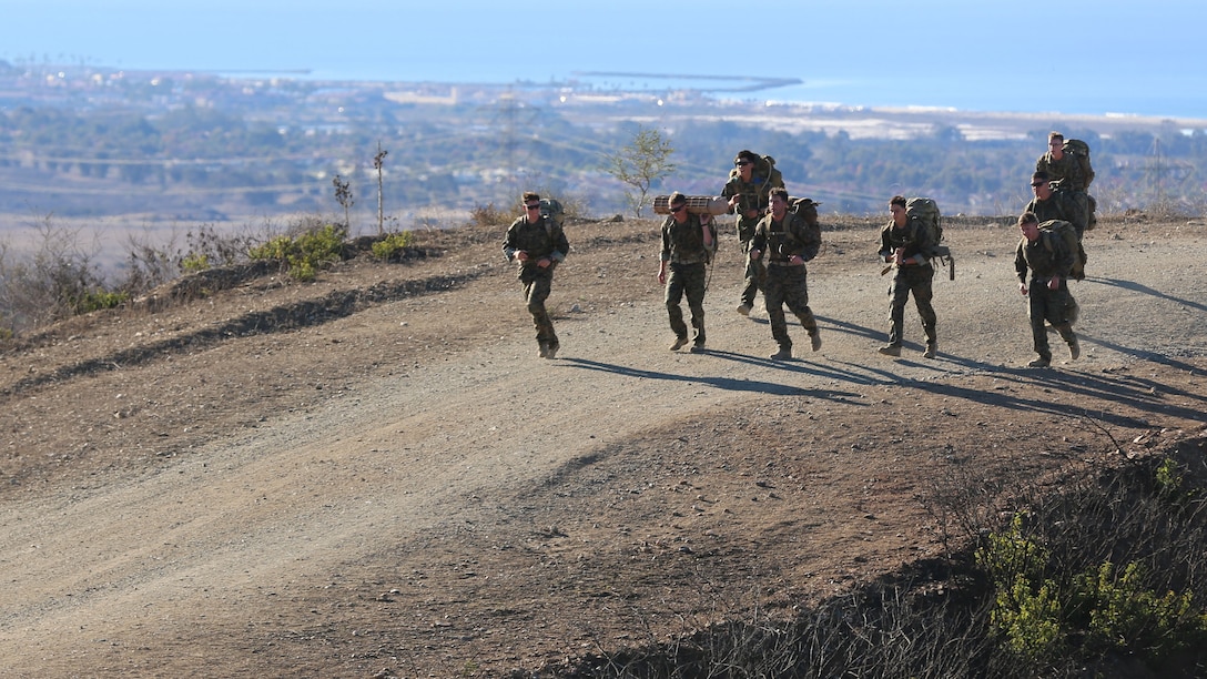 Marines with Force Company, 1st Reconnaissance Battalion, 1st Marine Division hike with 50-pound packs at the top of the Reaper during a physical training exercise aboard Marine Corps Base Camp Pendleton, Calif., Nov. 7, 2014. The hike was approximately eight miles long and incorporated many other team-based shooting events.