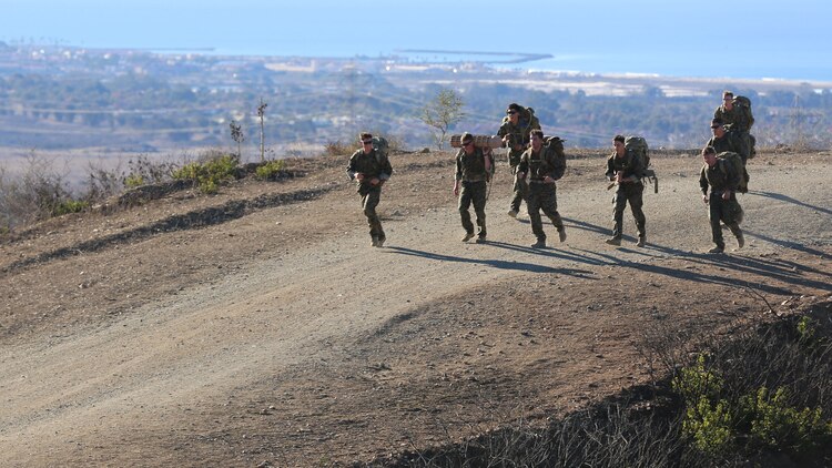 Marines with Force Company, 1st Reconnaissance Battalion, 1st Marine Division hike with 50-pound packs at the top of the Reaper during a physical training exercise aboard Marine Corps Base Camp Pendleton, Calif., Nov. 7, 2014. The hike was approximately eight miles long and incorporated many other team-based shooting events.