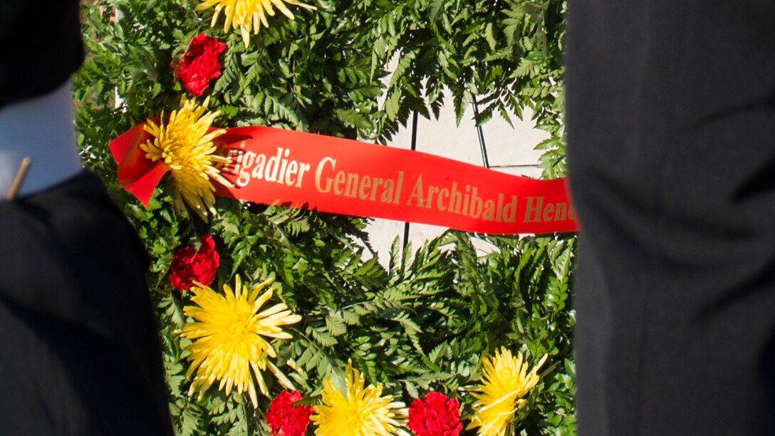 A wreath stands in front Brig. Gen. Archibald Henderson's grave stone in Congressional Cemetery in Washington D.C., November 10, 2014. Marines from Marine Barracks Washington, D.C., conduct wreath-laying ceremonies at grave and memorial sites of former commandants in the National Capital Region, to honor them on the Marine Corps’ birthday.