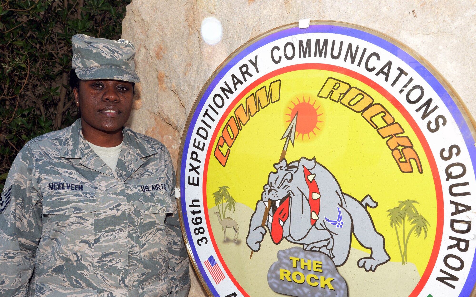 This week's Rock Solid Warrior Staff Sgt. Estella McElveen. She is a communications focal point technician with the 633rd Expeditionary Communications Squadron. The Kingstree, S.C. native is deployed from the 633rd Communications Squadron, Joint Base Langley-Eustis, Va. (U.S. Air Force photo by Tech. Sgt. Jared Marquis)
