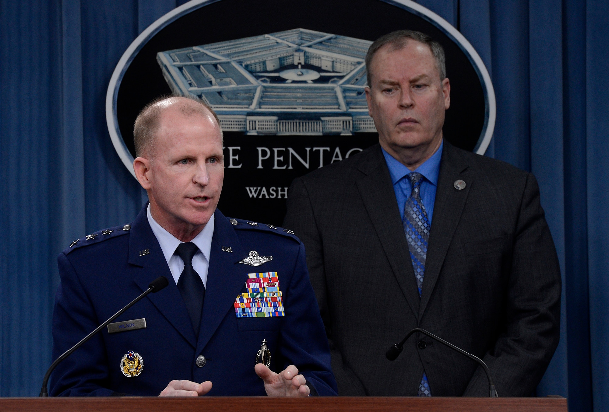 Lt. Gen. Stephen Wilson, the commander of Air Force Global Strike Command (left), and Deputy Secretary of Defense Robert Work respond to reporters' questions about the release of the Defense Department's Nuclear Enterprise Review during a press briefing Nov. 14, 2014, at the Pentagon. The findings and recommendations from that review are consistent with actions the Air Force and AFGSC have been taking to improve its nuclear enterprise. (U.S. Air Force photo/Scott M. Ash)